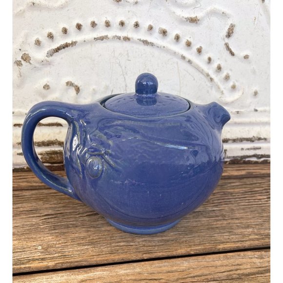 Antique 1930s Blue Glaze stoneware pottery Small Teapot Cherry Leaves - Picture 8 of 13